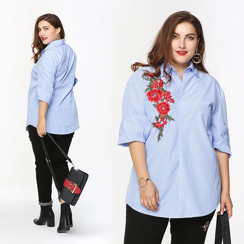 2017 Spring Large Yards Womens Embroidered Shirts Flowers Plus Big Size Female Ladies Striped