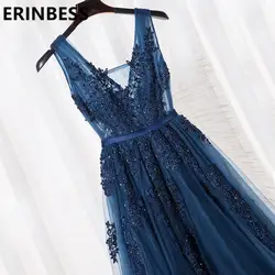 Vestido de festa V средства ухода за кожей Шеи кепки рукавом винтажные кружевные аппликации с бисером, темно-синее платья подружек невесты для