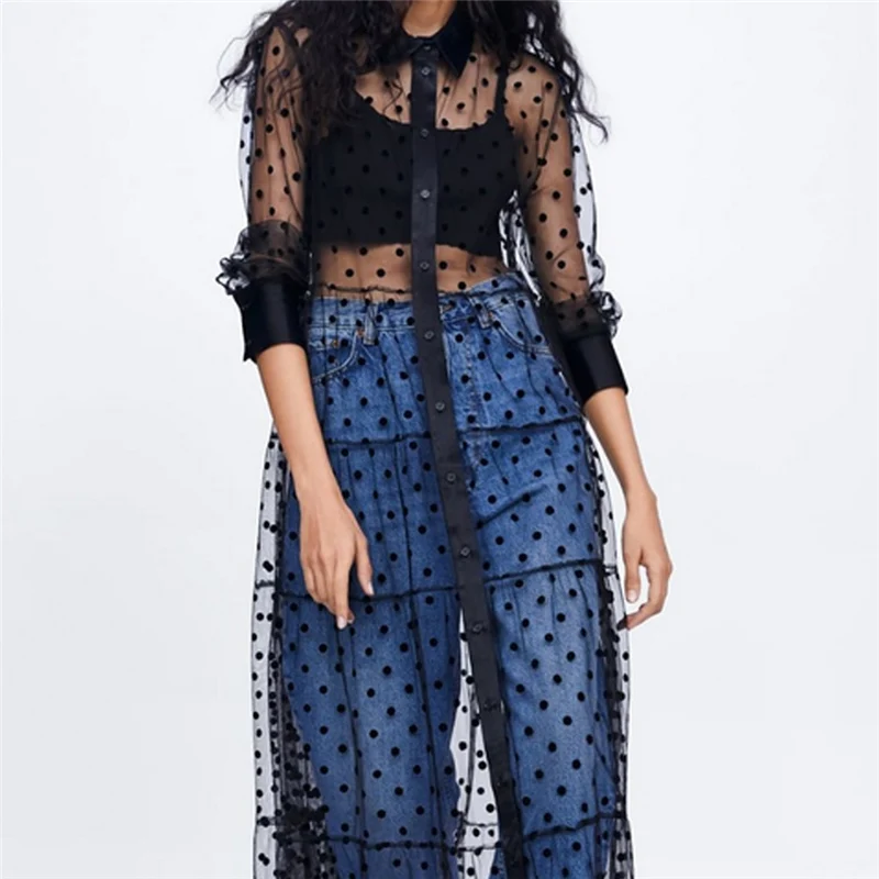 

Women Mesh Sheer V Neck long Dress Elegant See through Party Clubwear Beach Playa Ladies Dress Summer Polka Dot Dames Streetwear