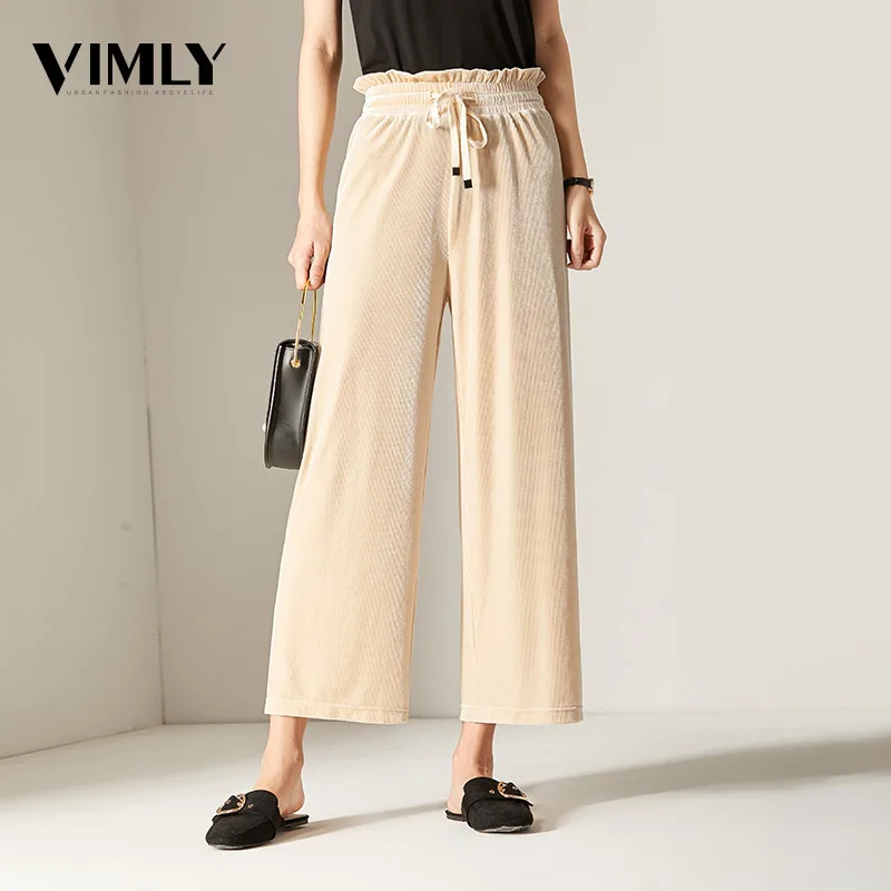 

Vimly Women Casual Wide Leg Pants Female Loose Corduroy Cropped Trouser Spring Autumn Winter Elastic Waist Korean Style Pants
