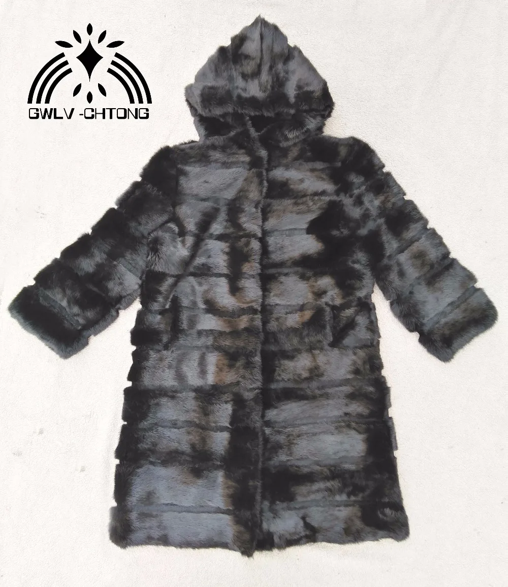 

100% Real genuine natural full pelt whole skin rabbit fur coat with hood women fashion jacket custom any size