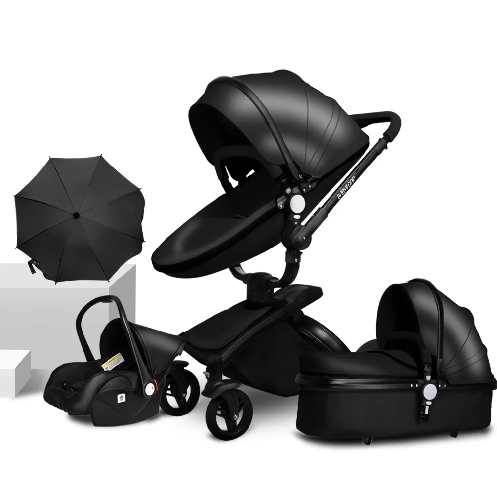 Babyfond/Высококачественная кожаная детская коляска с высоким пейзажем для автомобиля, детская коляска 3 в 1, детская коляска 2 в 1, рама из алюминиевого сплава - Цвет: Black frame black