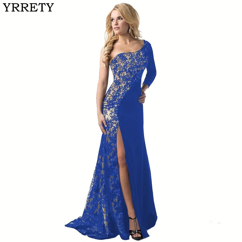 

YRRETY Women New Evening Sexy Lace Dress Patchwork Bodycon Dress One Shoulder Trumpet Floral Party Maxi Dresses Blue Black S294