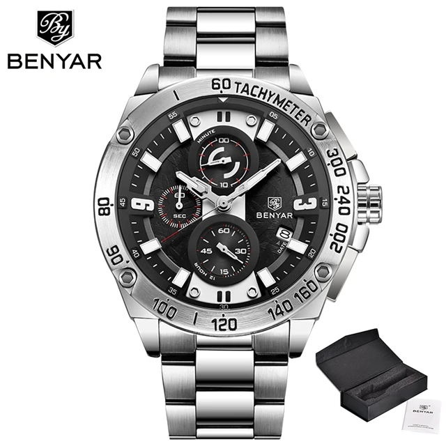 Мужские часы BENYAR, новинка, Топ бренд, роскошные кожаные часы, мужские повседневные модные водонепроницаемые спортивные кварцевые часы zegarek meski - Цвет: S-silver black
