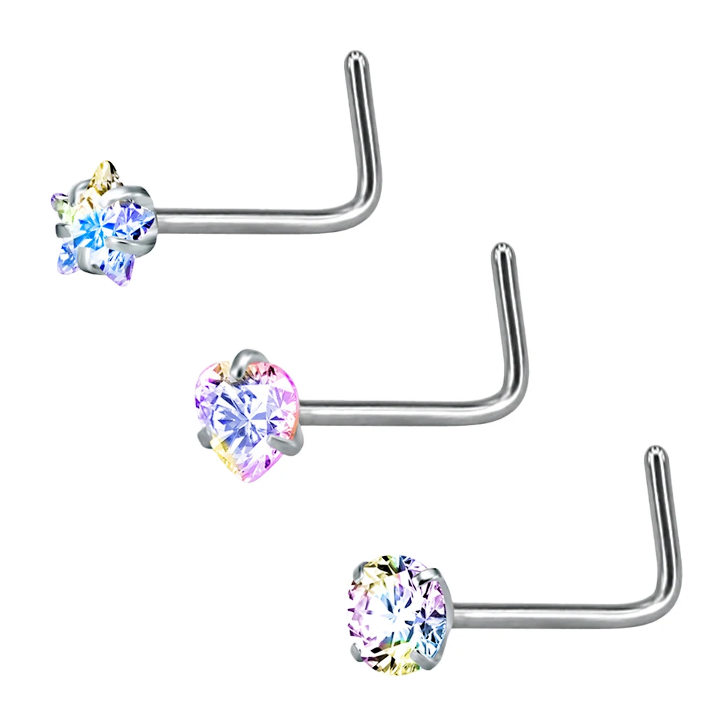 MagiDeal 9 Pieces Stainless Steel Zircon Crystal Screw Curved Nose Ring Studs Ear Body Piercing Jewelry 20G