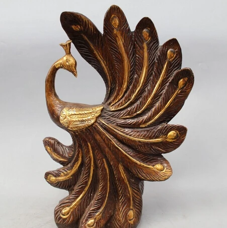 

free 14" China Chinese Folk Bronze Gild peacock peafowl Bird Animal Statue Sculpture fast