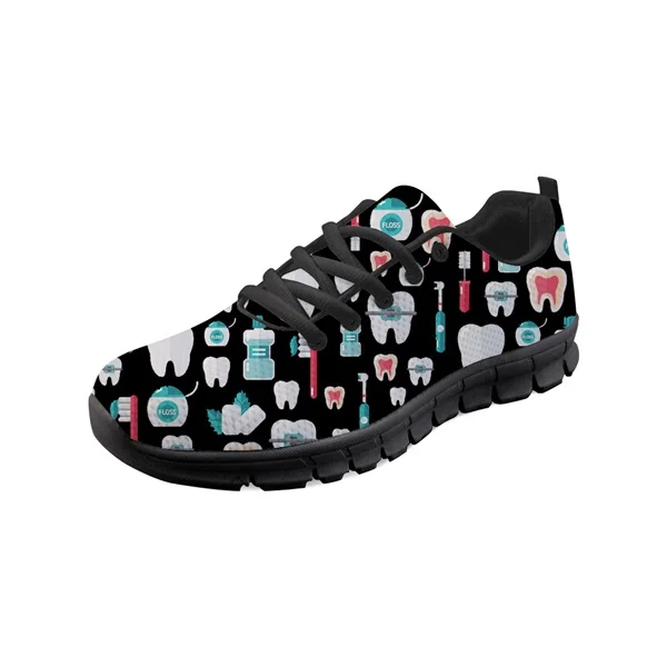 INSTANTARTS/фирменный дизайн; черные кроссовки со шнуровкой; женская забавная обувь с мультяшным принтом «дантист»/«зубы»; Летняя обувь на плоской подошве для девочек; дышащая обувь - Цвет: BAQ-9