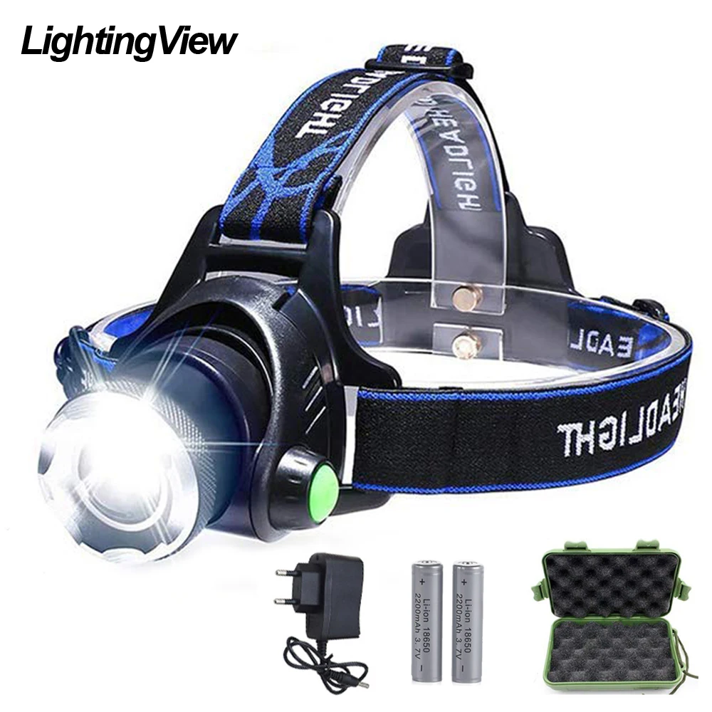 

LightingView LED Headlamp Torch 10000 lumen 3 Modes Zoomable Waterproof Night Fishing Headlight Head Lamp V6/L2/T6 2*18650