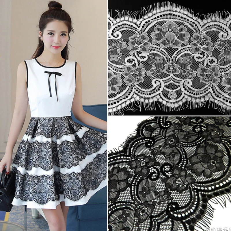 

3M / lot 16.5cm Wide Black White Lace Fabric trim Wedding Decoration Sewing Applique Eyelashes Lace Ribbon