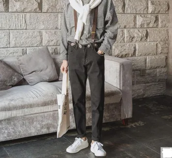 

Men's fashion brief jeans suspenders trousers men slim skinny pants trousers teenage solid color feet pants overalls !