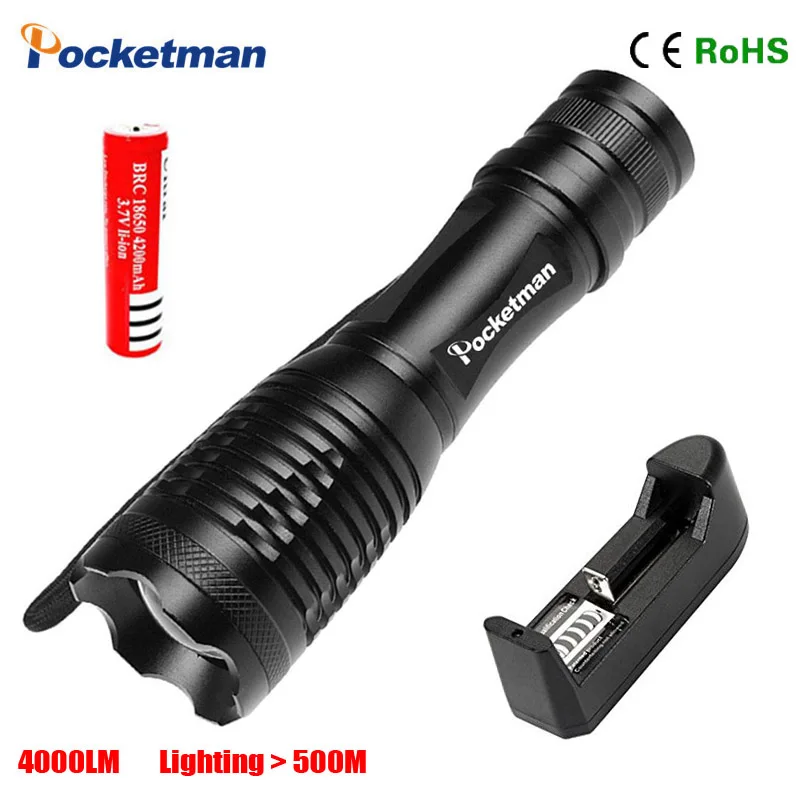 

LED Flashlight E17 XM-L T6 4000 Lumens 5Modes Zoomable Torch with 18650 Battery Charger Linternas