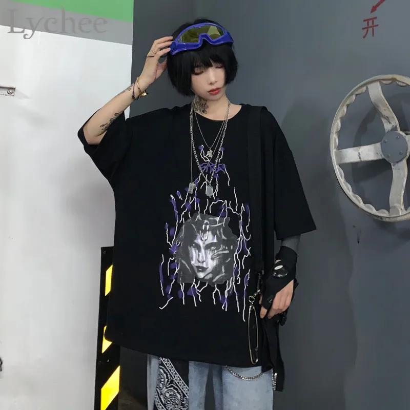 Женские футболки Lychee Harajuku с принтом лица темных молний, топы с коротким рукавом, футболки с круглым вырезом, летние женские футболки, футболка