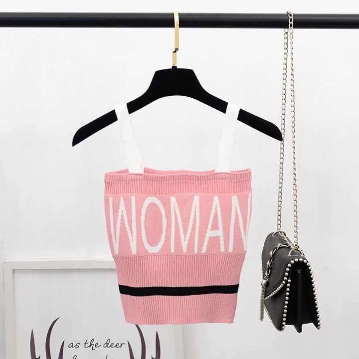 Розовый ALPHALMODA Для женщин Стиль Письмо Вязание Chic укороченные трикотажная кофточка блок Цвет короткие Трикотажный Слинг Топ Спортивная летние майки - Цвет: Розовый