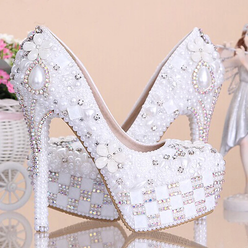 

New Arrival White Flower Pearl Crystal Wedding Shoes Rhinestone Super High Heel Bridal Dress Shoes Round Toe Ceremony Shoes