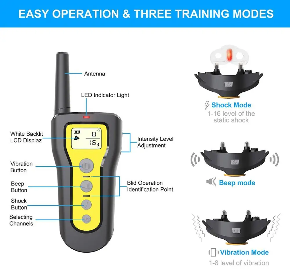 

Rechargeable Waterproof Electronic Dog Training Collar Stop Barking LCD Display 1000m Remote Electronic Shock Training Collars