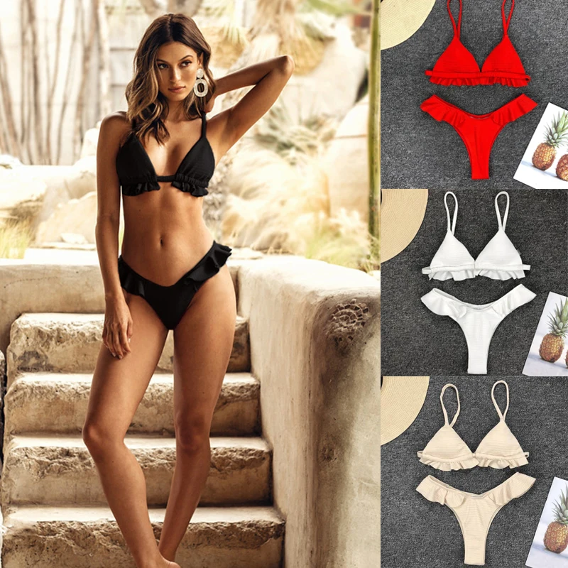 

ladies' beach wear sling bikiny bathing suits 2019 sexy swimsuit bandeau swimsuit brazilian red bikini set women ruffle swimwear