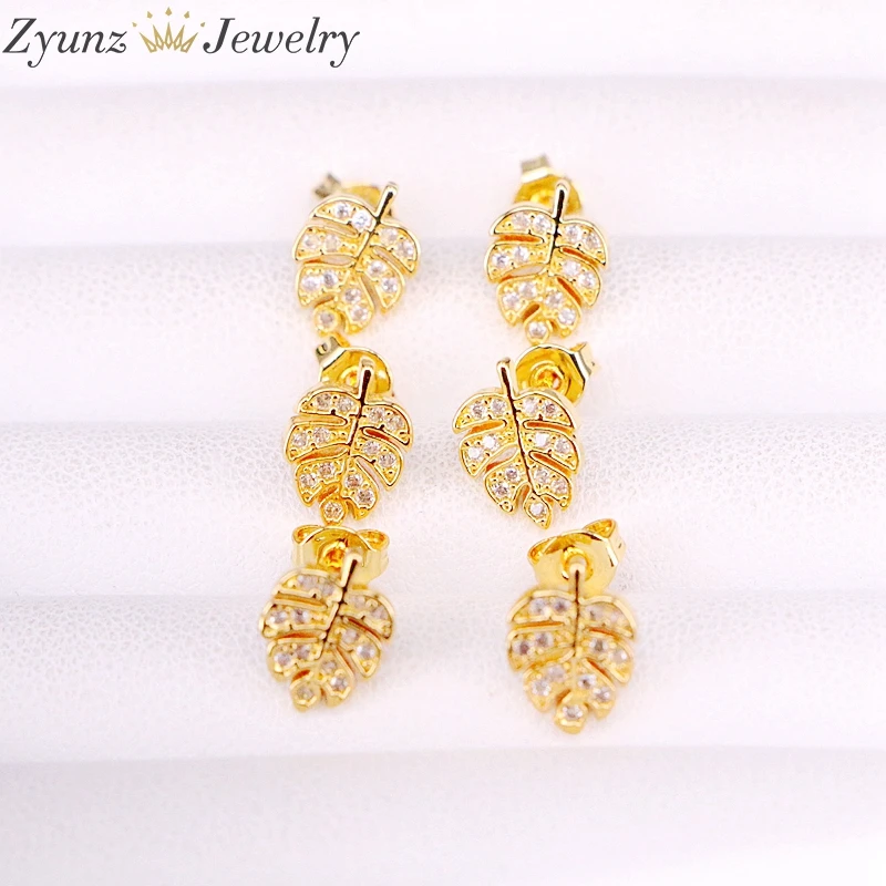 

10Pairs, 8*11mm, 2019 summer crystal zirconia earring, gold color leaf shaped crystal with clear cz stud earring