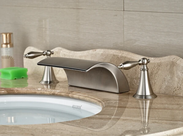 

Deck Mount Widespread 3pcs Bathroom Tub Filler Faucet Brushed Nickel