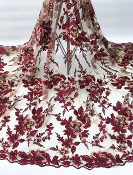

African Lace Fabric beaded Wine Red Embroidered Nigerian Stones Laces Fabric Bridal High Quality French Tulle Lace Fabric BSG05