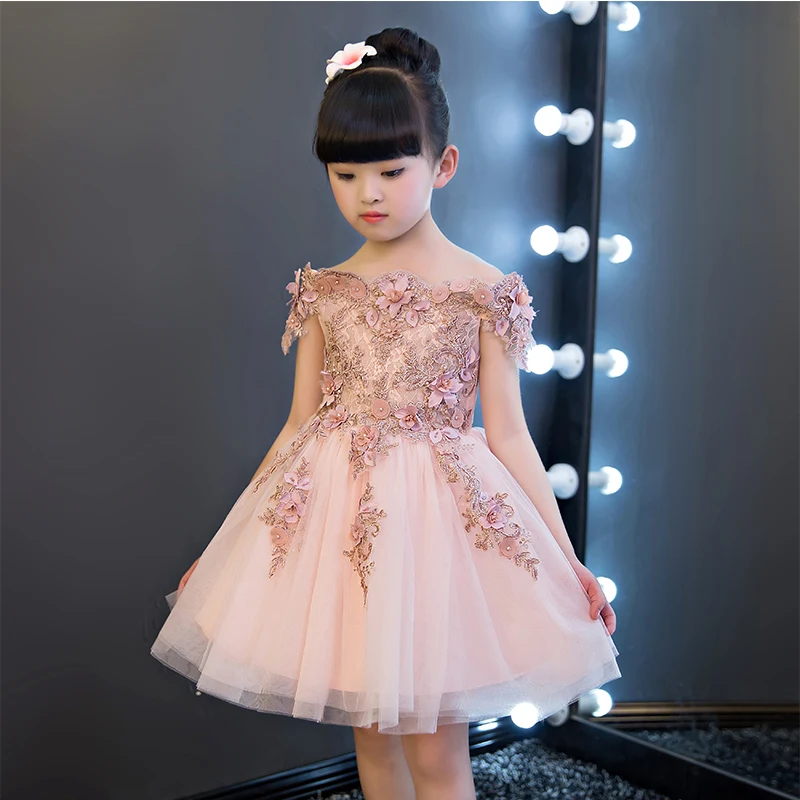Элегантное милое длинное платье с аппликацией из бисера и открытыми плечами с цветочным узором для девочек Детские платья для выступлений, вечеринок, дней рождения, первого причастия