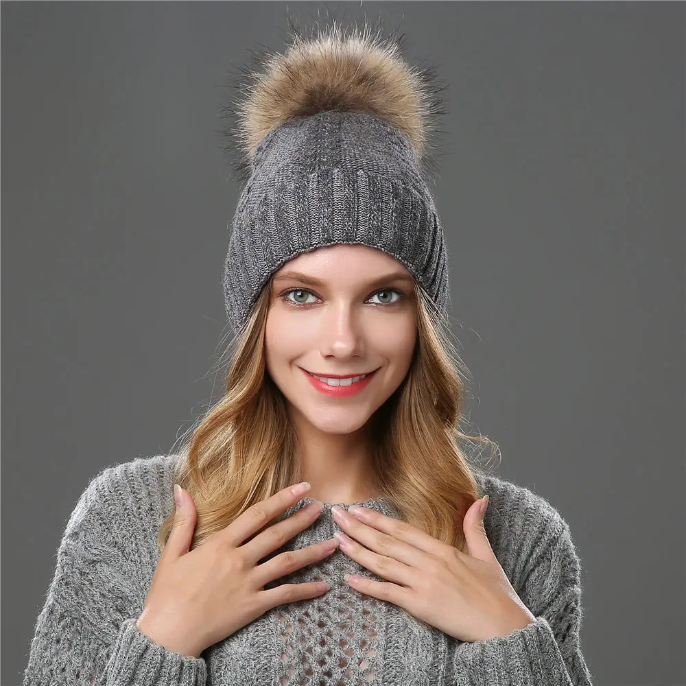 Beanie Women Winter Hat Warm Wool Knit Cap Raccoon Pom Pom Headwear Soft Autumn Casual Outdoor Ski Skullies Snow Accessory (8)