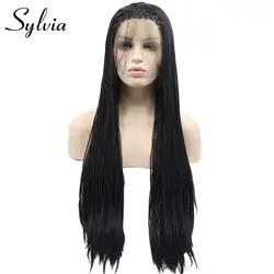 Sylvia длинные черные плетеные парики с ребенком волос # 1B Micro косы синтетических Синтетические волосы на кружеве парик для Для женщин