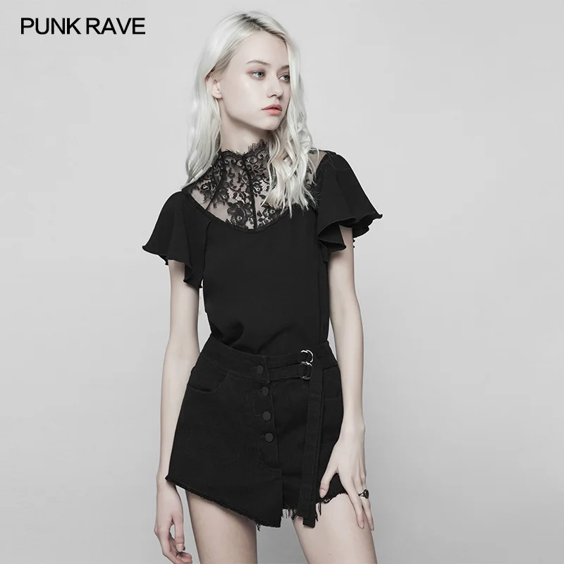 

PUNK RAVE Gothic Fashion Black Casual Lace Temperament Slim-Fitting Short Sleeve Women T-shirt Tops