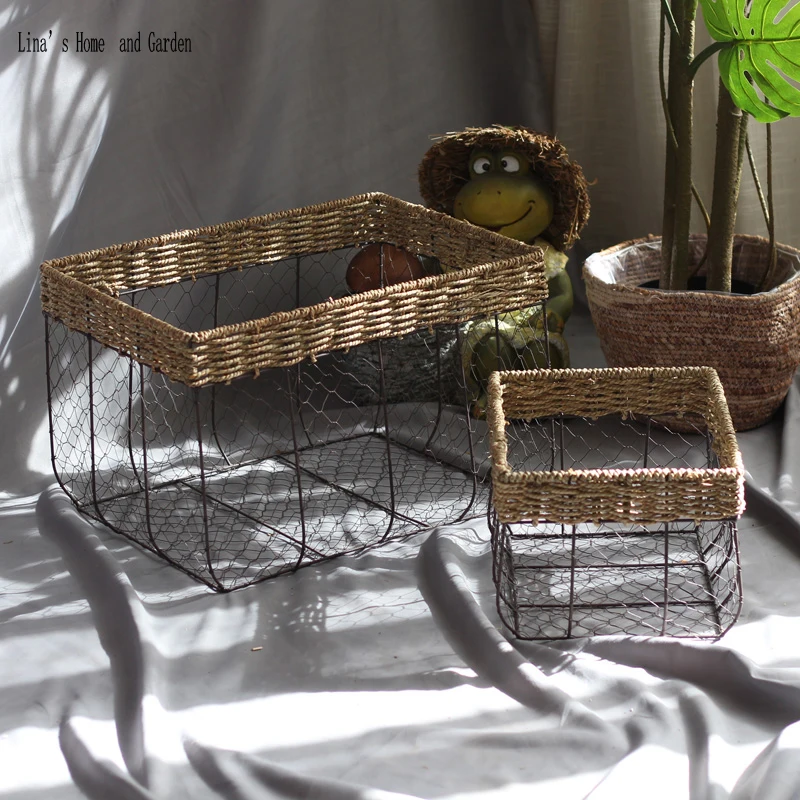 set 2 pieces rectangle handmade vintage rustic wire basket (5)
