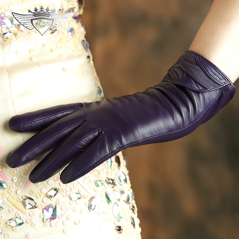 2015 New Women Leather Gloves Lady Winter Warm Thick Velvet Goatskin Gloves Short Genuine Leather Gloves 35