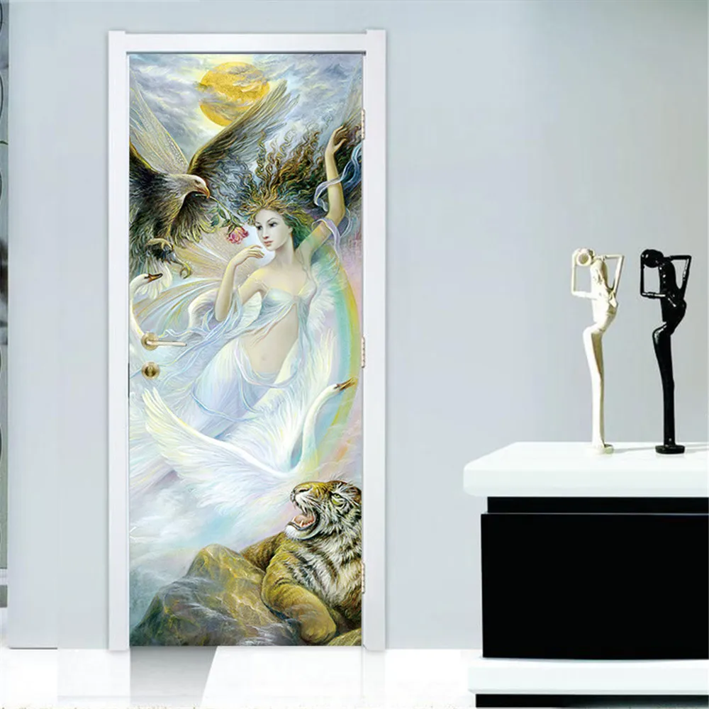 

Custom Size/77x200cm Virgin And Eagle 3D Door Sticker PVC Self-adhesive Wallpaper DIY Waterproof Mural Decals Home Decoration