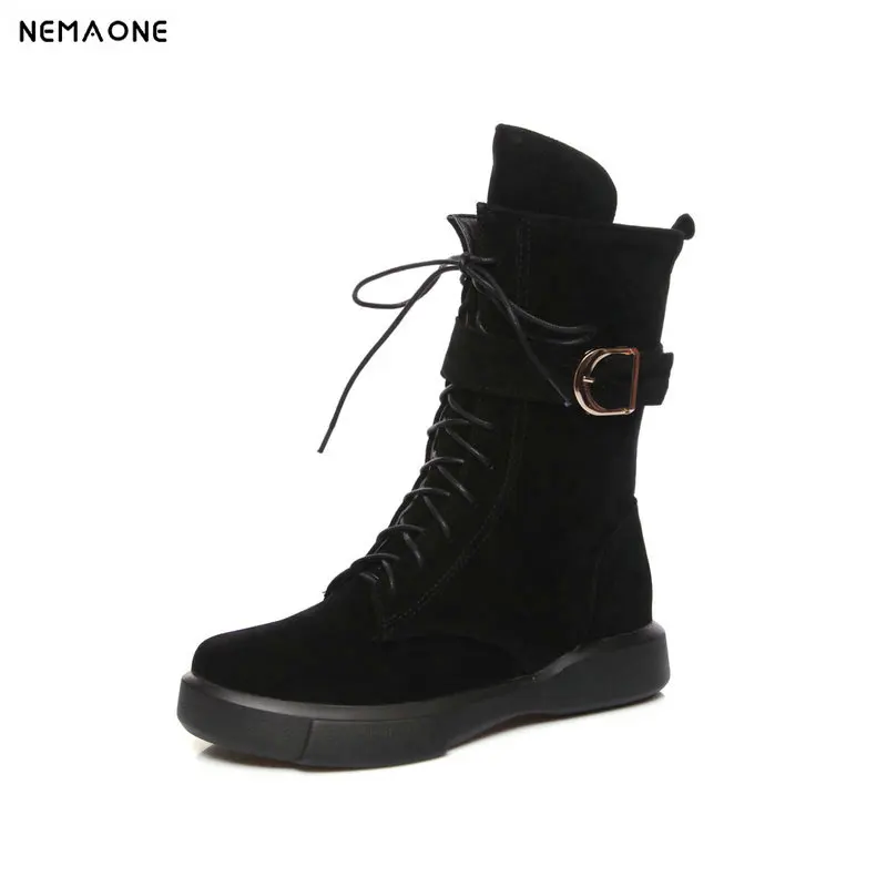 

NEMAONE Women flat platform lace up boots motorcycle shoes woman High Quality ladies ankle Boots black apricot green
