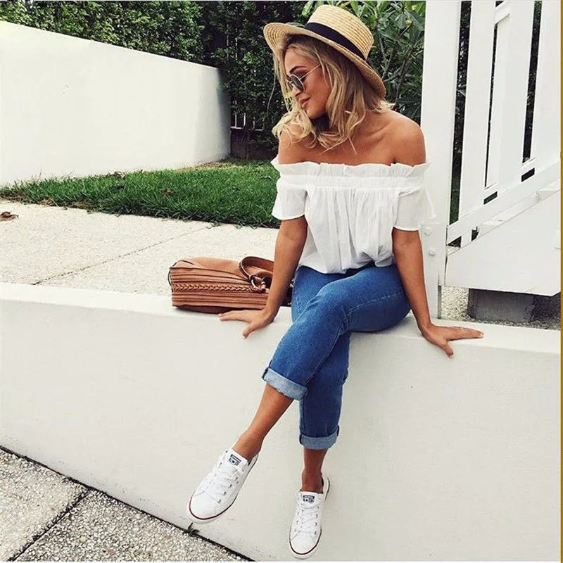 Off Shoulder Blouse Shirt Women Tops Ruffles Sexy Chiffon Blouse Elastic Collar Summer Top Chemise Femme Blusas13