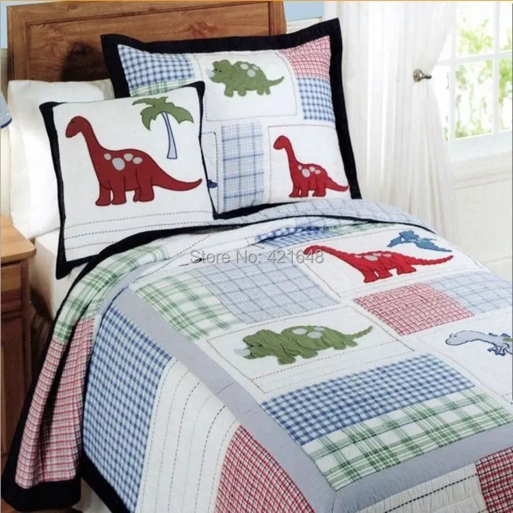

Free shipping dinosaurs kids 2pcs bedding set handmade applique patchwork quilt bedspread set