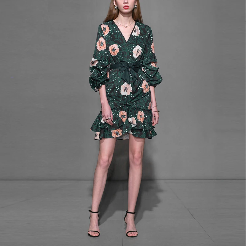 

Runway Designer Luxury 2019 High Quality Women's Mini Dress Floral Print Puff Sleeve Elegant Ruffle Ladies Dress Party Vestidos