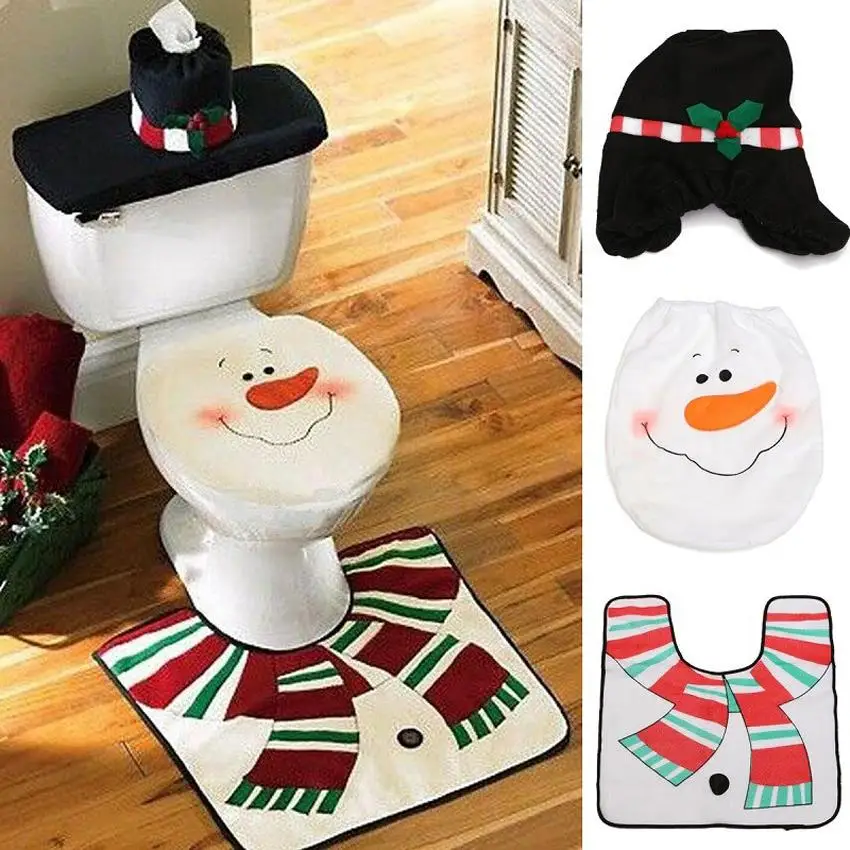 New XMAS Snowman Toilet Seat Cover +Rug Bathroom Mat Set Padded Christmas Toilet Seat Covers