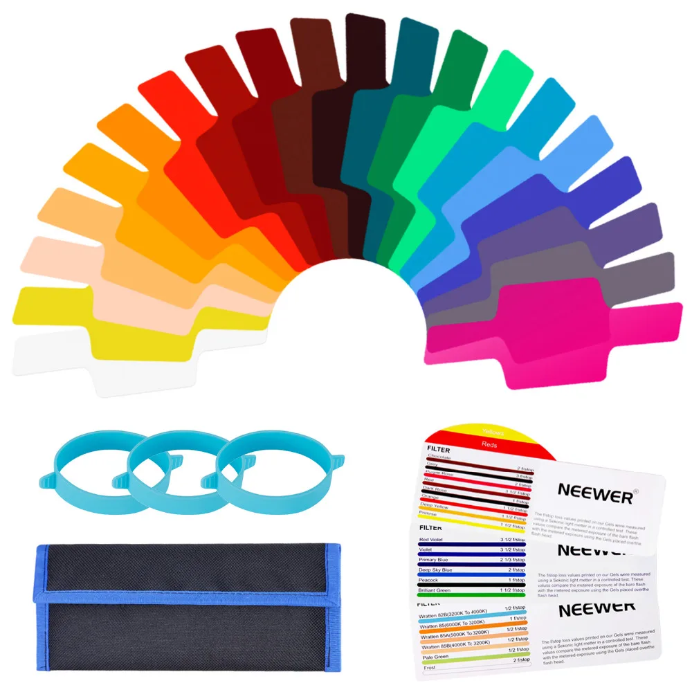 

Neewer 20 Pieces Camera Flash Gels Lighting Filter Transparent Color Correction Filter Kit with 3 Pieces Attachment Band