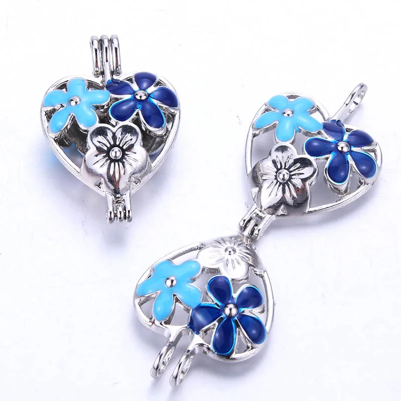 5pcs Blue Heart Shaped Flower Pearl Cage Locket Pendant Jewelry Making Bead Aroma Essential Oil Diffuser Box Oyster | Украшения и