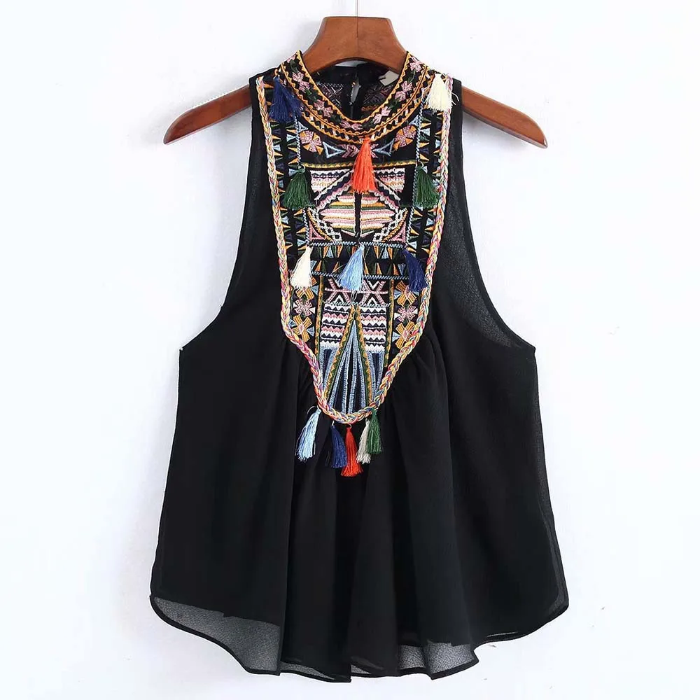 

FIRSTTO Vintage Splice Lace Mesh Ethnic Floral Embroidery Tassel Shirt Trendy Women Stand Collar Sleeveless Blouse Tops 2 Colors