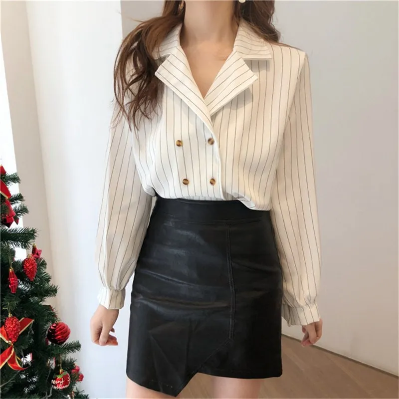 

2019 Spring Korean Vintage Blouse Women Shirts Work Office Ladies Long Sleeve Loose Tops Vertical Striped Blouses