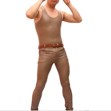 Сексуальный облегающий сиамский жилет из искусственной кожи для мужчин, Высокоэластичный однотонный топ для фитнеса, латексный Топ без рукавов, боди с круглым вырезом, Мужская Клубная одежда