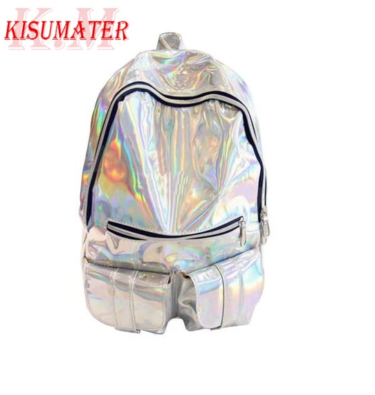 

HOT Hologram Backpack PU Leather Women's Laser Silver Bag Student's School Backpack Holographic bags Free Shipping