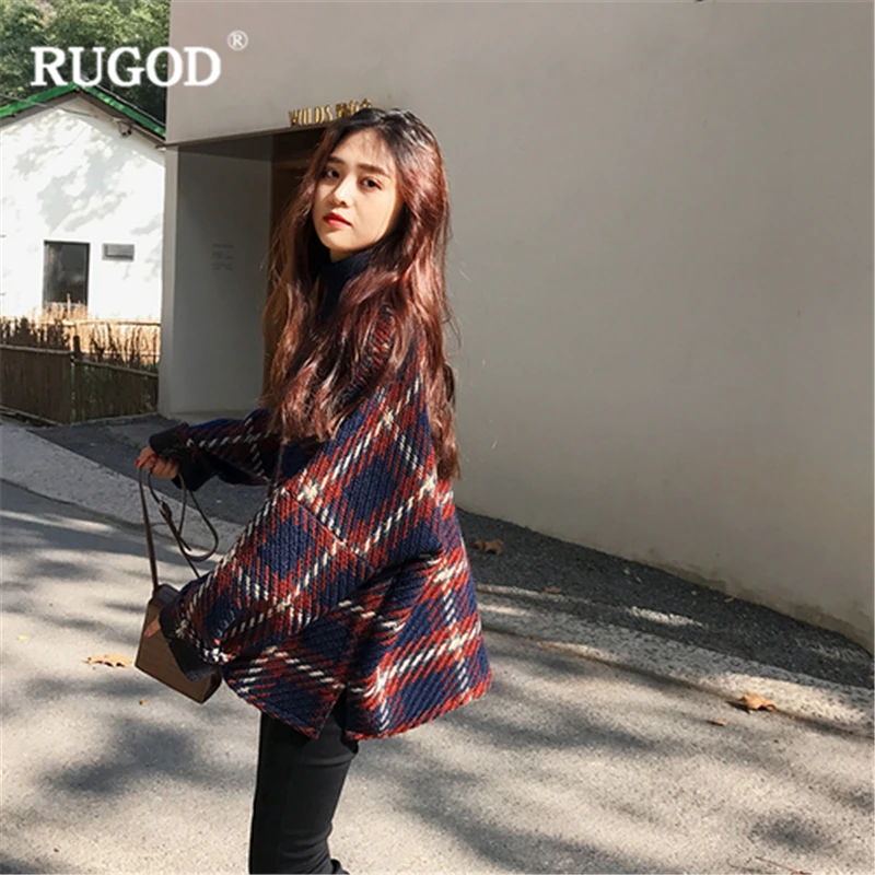 RUGOD New Vintage Plaid Wool Coat Women 2018 Autumn Winter Turtleneck Pullover Woolen Jacket Thick Women Clothing Casaco Femme