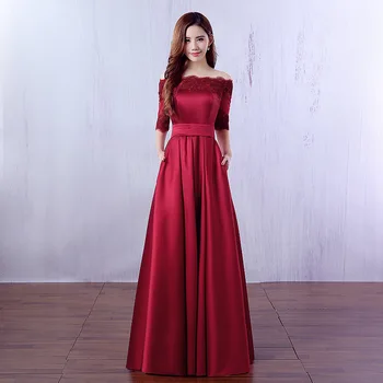 

Elegant Wine Red Long Evening Dresses 2019 Lace Pocket Satin Custom Made Women Party Prom Dresses Robe De Soiree