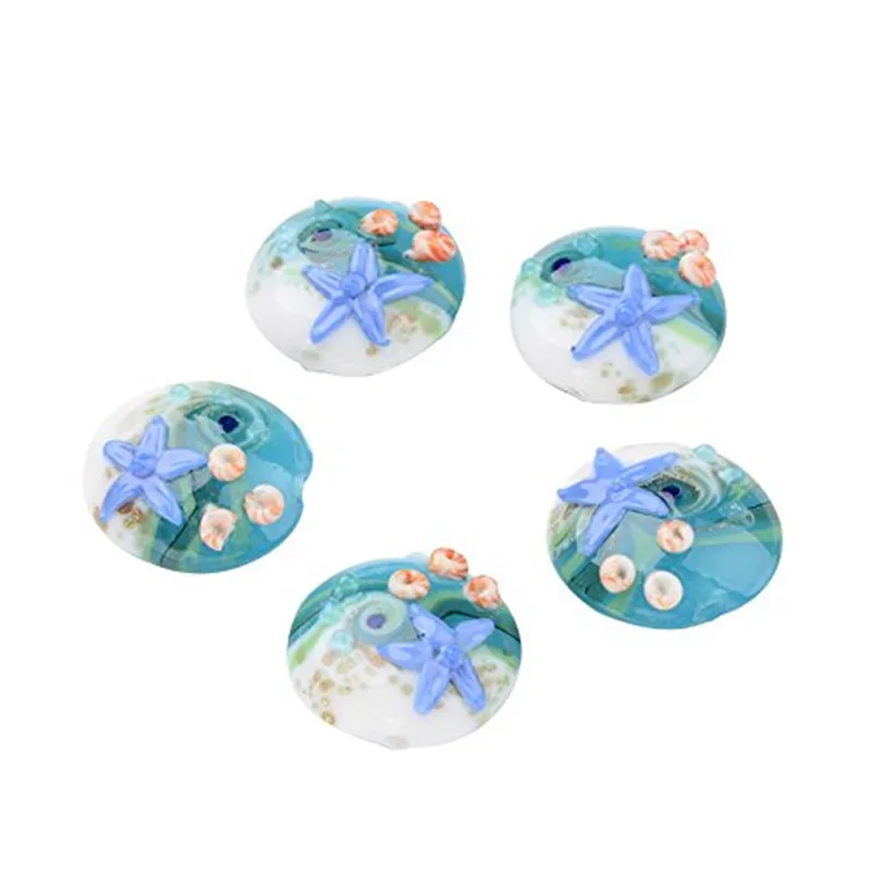 

12pcs/box Ocean Style Handmade Lampwork Glass Beads for Vintage Jewelry Making DIY Flat Round Bead with Starfish F80