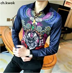 CH. КВОК принты Рубашки для мальчиков хип-хоп Для мужчин Формальное Новый барокко рубашка с длинным рукавом 5xl сине-белые черный Camisa