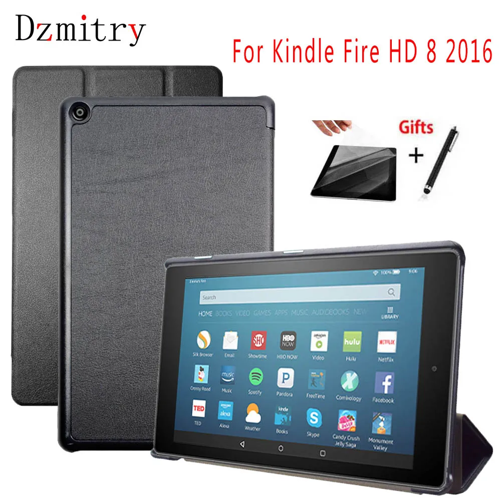

Slim PU Leather Magnetic Smart Flip Stand Case For Amazon kindle fire HD8 2016 Tablet protective Skin Cover+Film+Stylus Pen