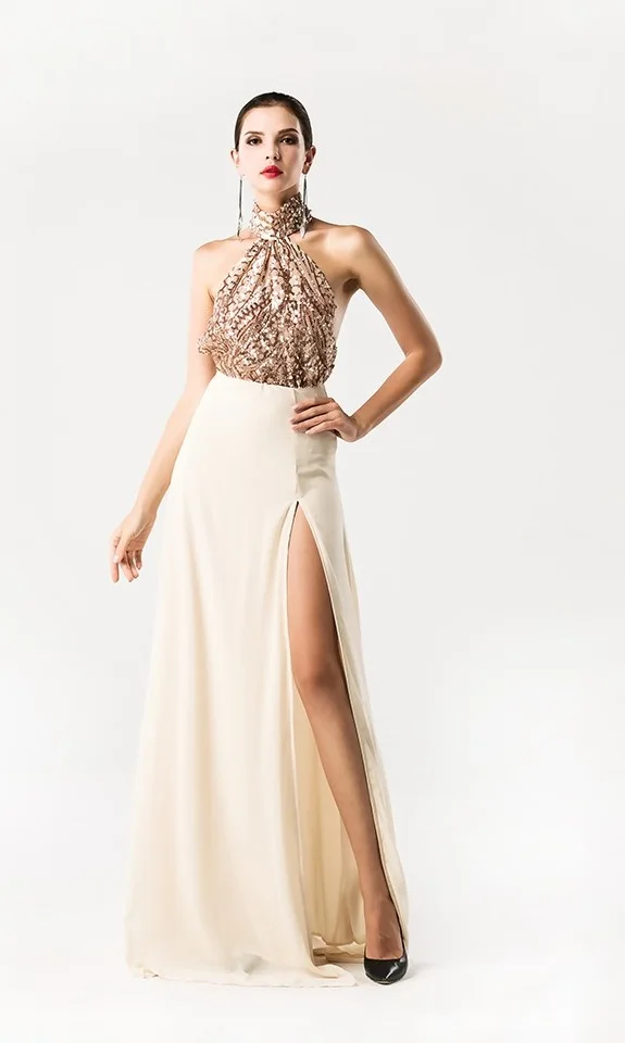 Vestido Halter con lentejuelas de Split Lado Largo Sin Mangas de Color Beige  Dorado|side split|halter dressdress long - AliExpress