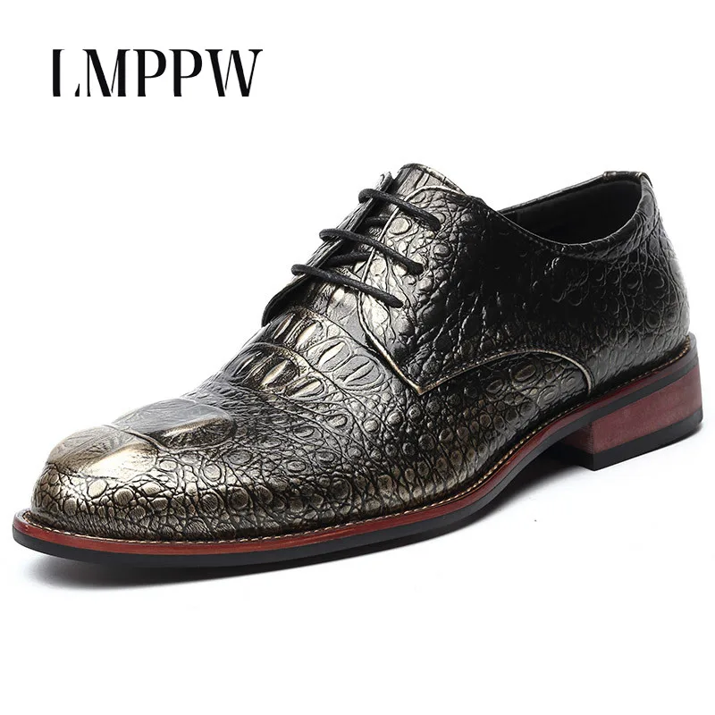 

New 2018 Crocodile Leather Male Shoes Fashion Breathable Oxfords Shoes Black Red Gold Lace Up Men Flat Shoes 2A