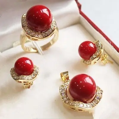 

red shell pearl crystal 18k gp pendant chain earring ring jewelry set >>18K GP Plated gold Bridal wide watch wings queen JEWE