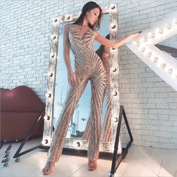 

2020 Jumpsuit Sexy Celebrity Elegant Spaghetti Strap Women Flare Sequined Night Club Backless Bodysuit Party Jumpsuit Wholesale